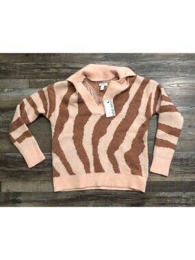 Nine West Polo Sweater Womens XS Pink & Brown Zebra Print New with Tags